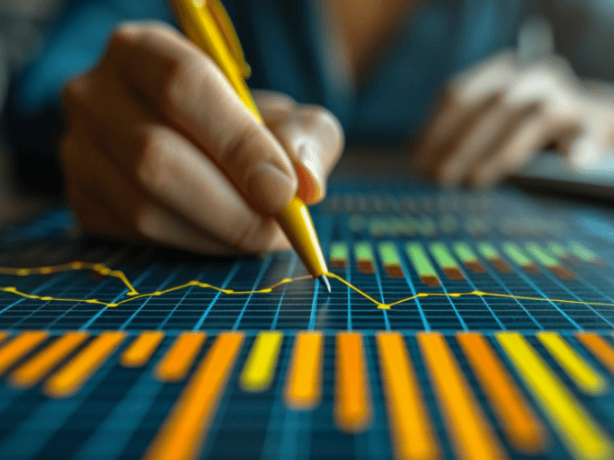 A close up view of a line graph and bar graph, with a yellow coloured pen being held overtop. 