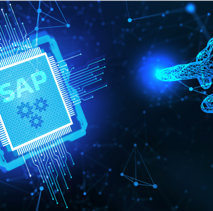 A digital photo of a webbed hand pointing to SAP software