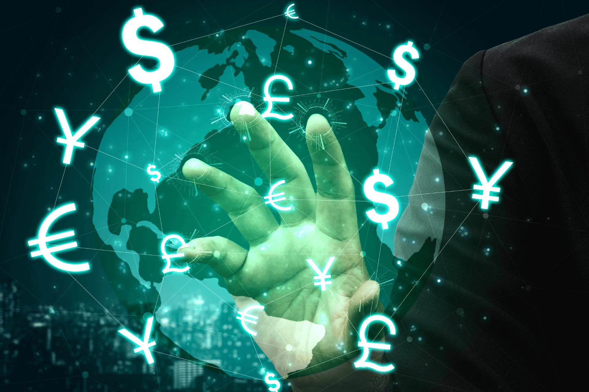 Hand interacting with international currency symbols