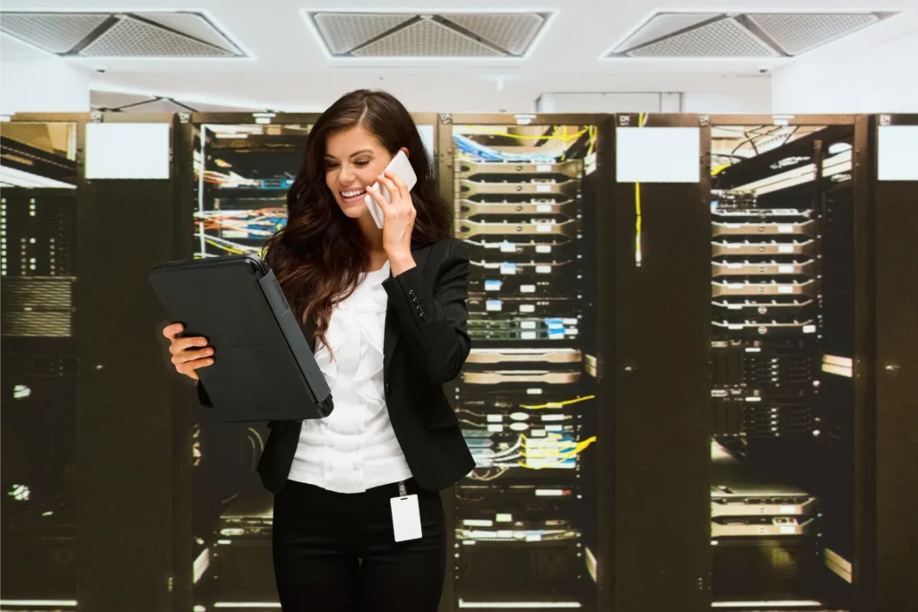 an ERP consultant holding a tablet and talking on the phone