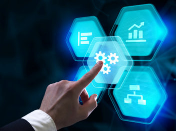 a hand pressing a button on a digital interface