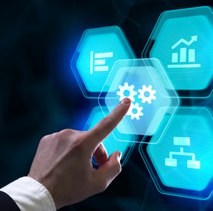 a hand pressing a button on a digital interface